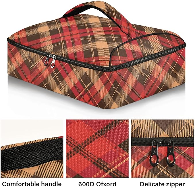 Casserole Carrier Print Red and Brown Tartan Pattern Insulated Casserole Carrier for Hot or Cold Food Thermal Lunch Tote for Parties Picnic Travel Carry Bag