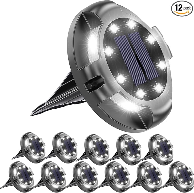 Biling Solar Outdoor Lights Walkway Lights 12 Packs Bright Solar Ground Lights Uplight Sidelight Waterproof for Yard Walkway Garden Poolside (White)