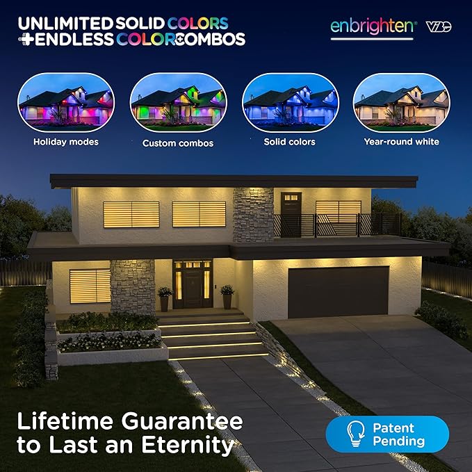 Enbrighten Vibe Eternity Accent Permanent Outdoor Lights for House 100ft 24 RGBWIC LEDs Wide Spacing 94lm Tunable White Everyday Eave Lighting Smart App Works with Alexa Google Home 85713