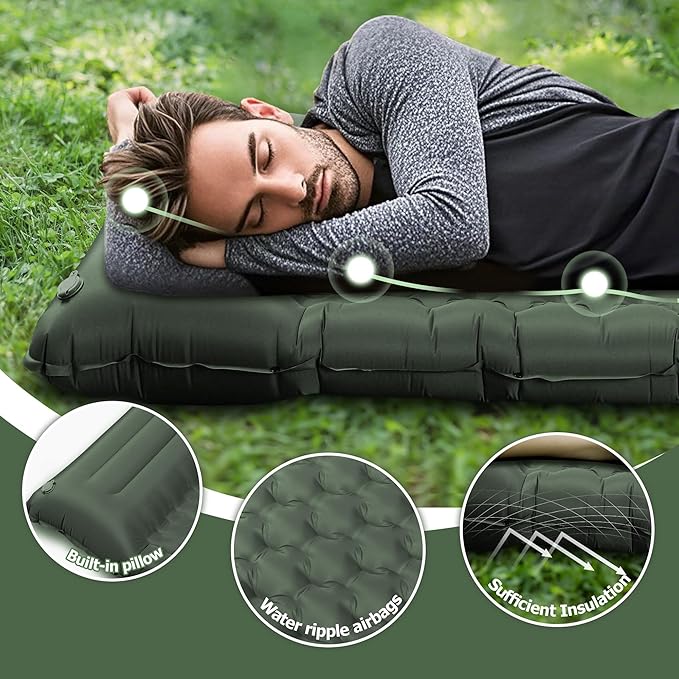 Sleeping Pad 4.7 Extra-Thick &amp Ultralight Inflatable Camping Mat with Pillow Built-in Foot Pump Compact for Backpacking Camping Hiking Travel —Military Green