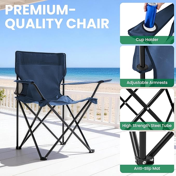 Folding Camping Chairs 2 Pack for Adults 300LBS Capacity Foldable Portable Lawn Chairs with Carry Bag Compact Design for Camp Beach Picnics and Outdoor (Navy)