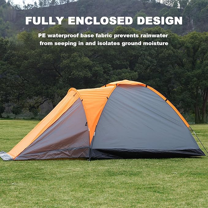 Outdoor Family Camping Tent Extra Large Space 3-4 Person Tent Waterproof and Sun-Proof with Front Foyer for Outdoor Family Activities Orange + Gray 86.6 (+35.4) * 86.6 * 61.1in