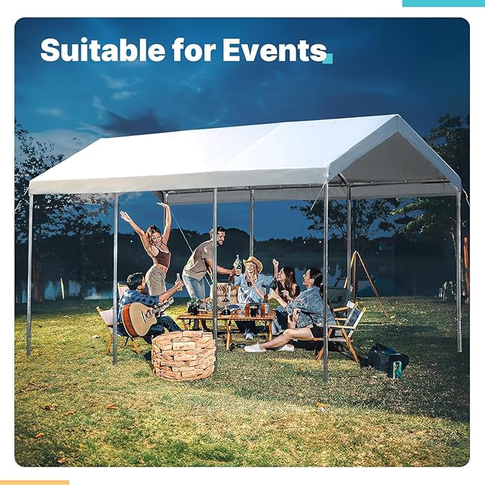 Carport Replacement Canopy Cover for 12 x 20 feet Car Tent Top Garage Shelter Cover Tarp with Ball Bungees (Only Top Cover Frame Not Include (12 x 20' White)