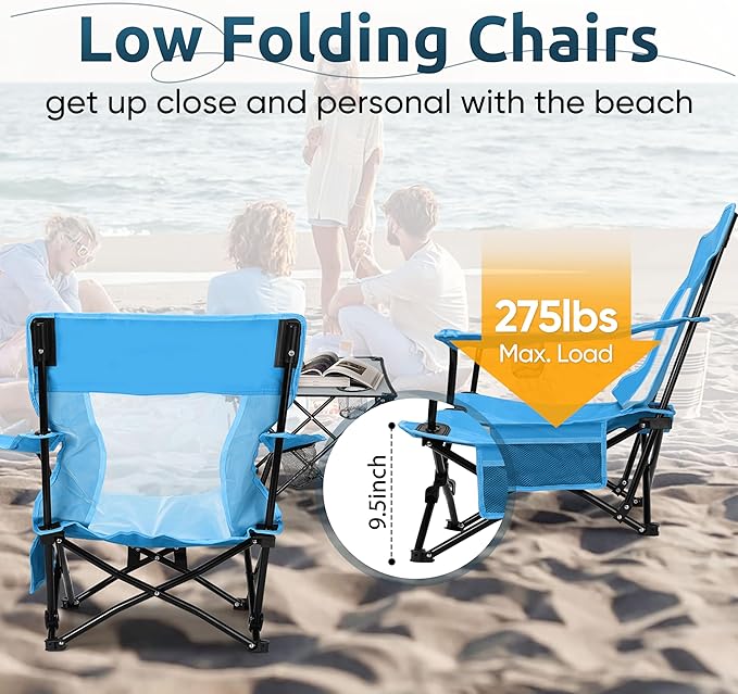 HaSteeL Folding Beach Chair Set of 3 Foldable Blue Camping Chairs &amp Grey Table for Outside Low Beach Chair Portable for Adults Fishing Picnic Outdoor BBQ Travel Sports Cup Holder &amp Stor