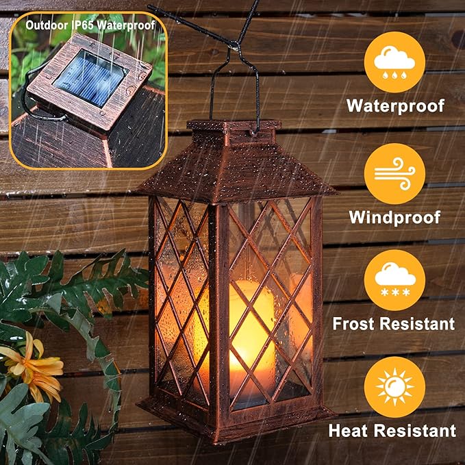 [2 Pack] TAKE ME 14 Solar Lantern Outdoor Garden Hanging Lantern Waterproof LED Flickering Flameless Candle Mission Lights for TableOutdoorChristmas Gifts Mom Wife
