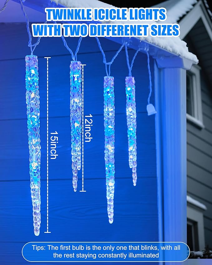 Minetom Icicle Lights Outdoor with Clips 2 Pack Total 40ft 200 LED 40 Tubes Twinkling Connectable Hanging Ice Shape Christmas String Lights Plug in for Eave Holiday Outdoor Blue and White