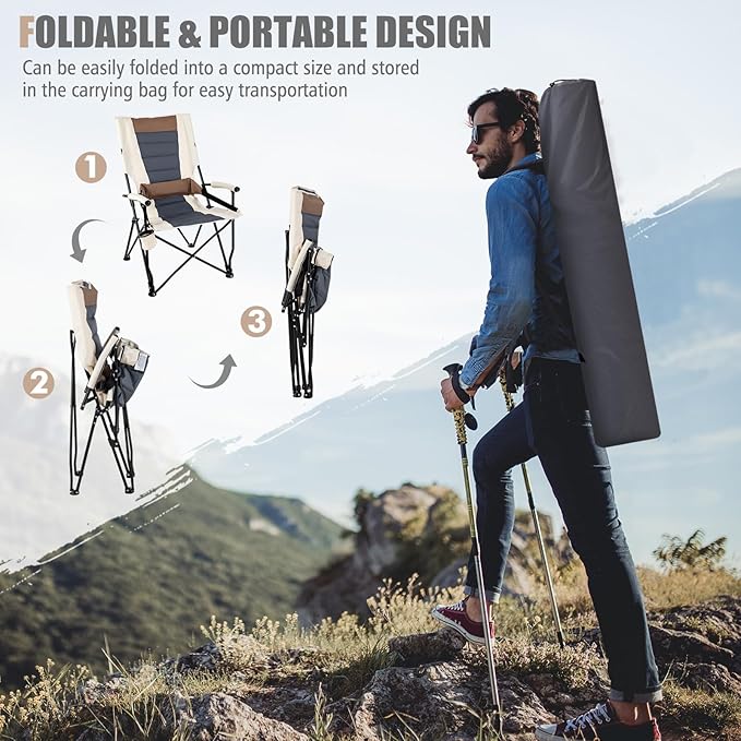 HAPPYGRILL Folding Camping Chair with Carrying Bag Portable Lawn Chair with Cup Holder 330 LBS Outdoor Chair for Outside Fishing Travel Swimming Picnic