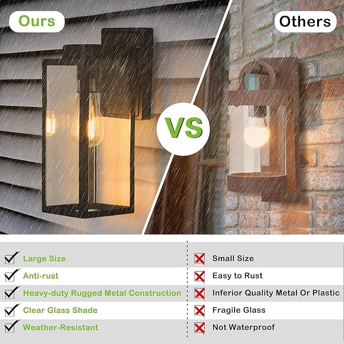 hykolity Large Outdoor Wall Light 16 Inch Lantern Dusk to Dawn Exterior Waterproof Sconce Anti-Rust Mounted Lighting with Glass Shade Matte Black Lamp with E26 Socket for Porch 2 Pack