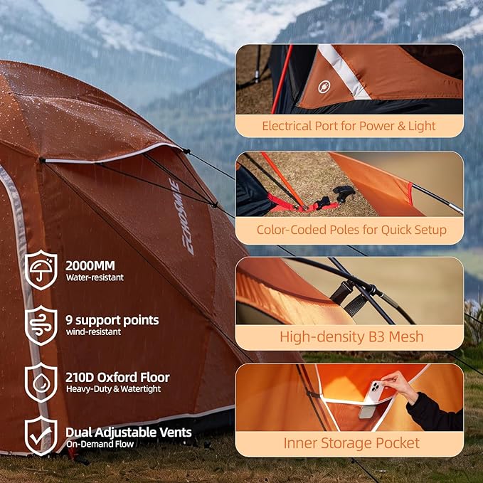 EchoSmile Tents for Camping Waterproof Windproof Tent with Multi-Pole 3-5 Person Spacious Dome Tent with Expandable Space for Shoes Packs &amp Wet Items Easy Setup Tent for Camping &amp Hiking