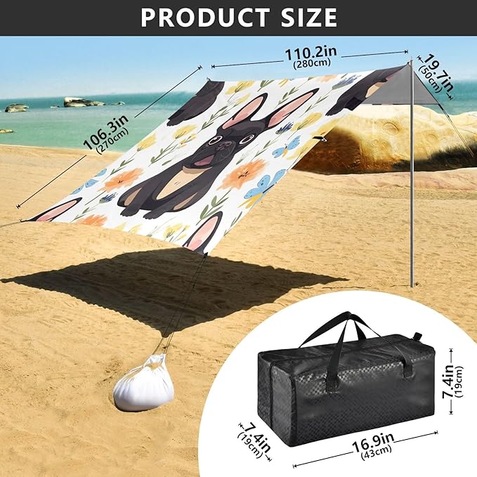 French Bulldog Beach Tent Sun Shelter 9.2' x 10.5' Beach Canopy with 4 Sandbags 4 Stability Poles Sand Shovels - Tent Canopy for Beach Camping Fishing Picnics
