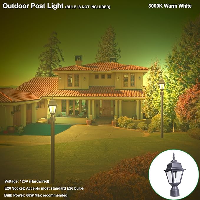 LIT-PaTH Outdoor Post Lighting Fixture Pole Lantern E26 Medium Base Max 60W Aluminum Housing Plus Clear Glass Bulb Not Included Matte Black Finish 1-Pack