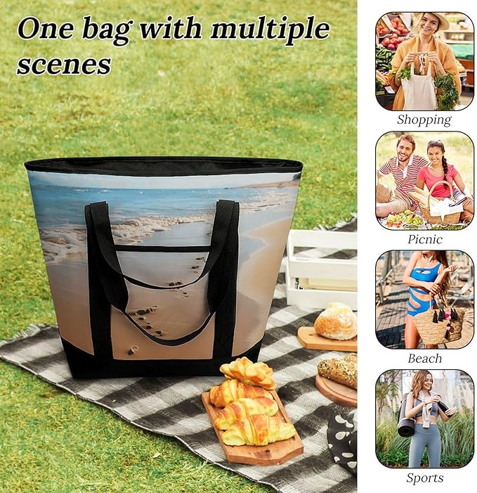 Insulated Shopping BagLarge Reusable Cooler Bags Beach Footprints Printed Foldable Shopping BagTravel Waterproof Shoulder Bag
