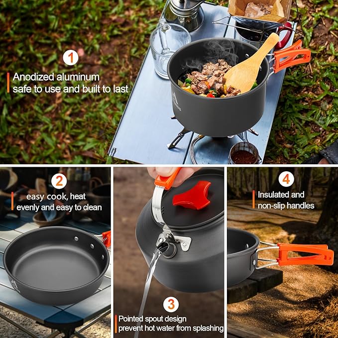 17pcs Camping Cookware Kit 0.45Gal Pot 7inches Pan0.30Gal Kettle Set with 2 Set Stainless Steel Cups Plates Forks Knives Spoons for Hiking