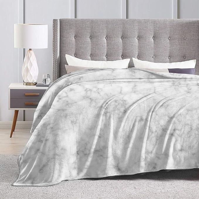 60X50 White and Grey Smoke Marble Lightweight Flannel Blanket - Soft and Breathable Polyester Suitable for Travel Camping and Home Decoration