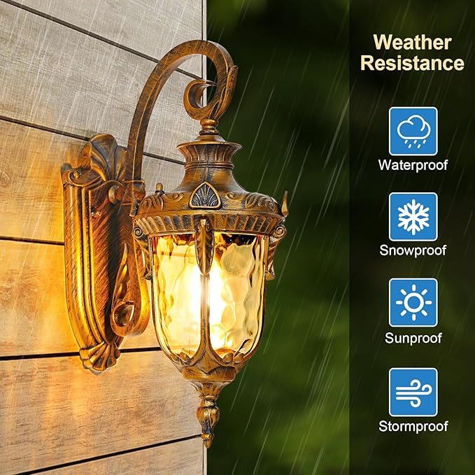 Outdoor Wall Lights Waterproof Aluminum Porch Wall Light for Outside House Patio Yard Garden Gold Gooseneck Exterior Wall Sconce Hardwired Outdoor Acorn Shape Lantern Water Ripple Glass 2pack