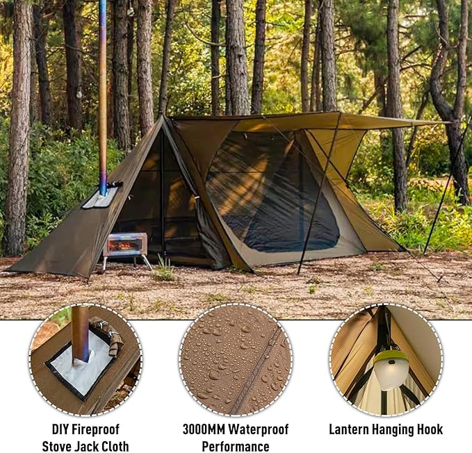POMOLY Hot Tent Bushcraft Tent STOVEHUT 20 2.0 Ultralight Shelter with 4 Poles for 1-2 Person Camping Backpacking (Brown)