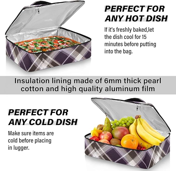 Casserole Carrier Print Purple Brown Tartan Plaid Insulated Casserole Carrier for Hot or Cold Food Thermal Lunch Tote for Parties Picnic Travel Carry Bag