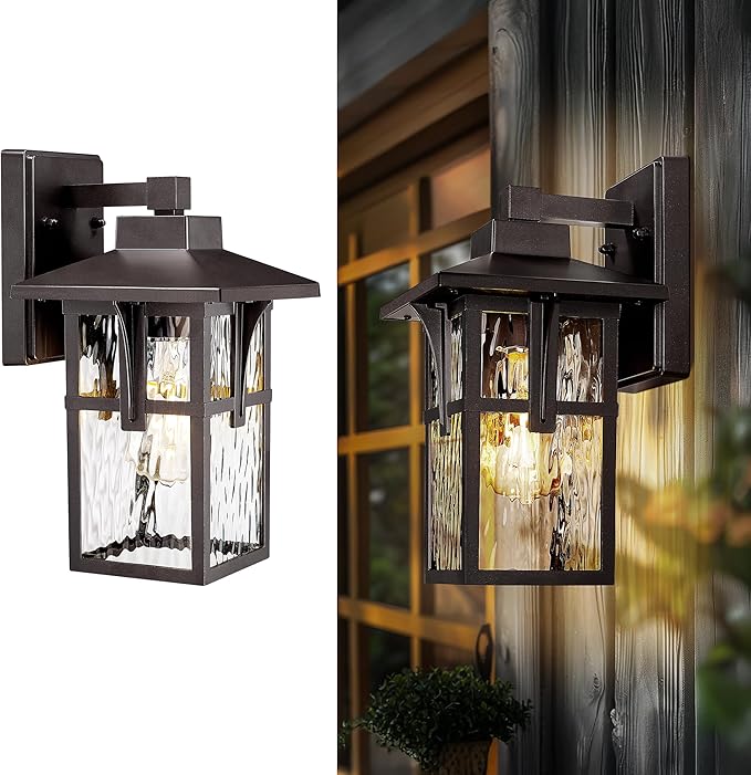 Outdoor Wall Light Fixture HWH 12.4 Inch Outdoor Light for House with Water Ripple Glass Exterior Lighting Fixture in Oil-Rubbed Bronze Finish 5HX62B ORB SW