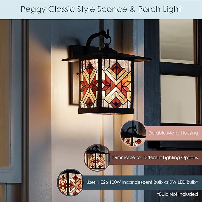 RIVER OF GOODS Stained Glass Outdoor Light Fixture - 11.75 H - Mission Style Porch Light - Peggy
