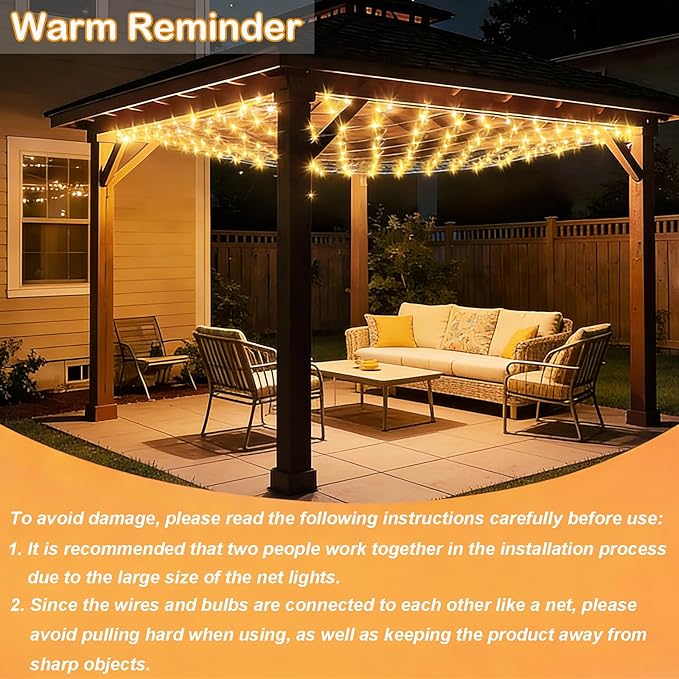 Lovelite 10ft x 10ft Net Lights 280LED Gazebo Lights Outdoor 8 Modes Timer Waterproof Connectable Christmas Light Clear Wire Large Size for Bushes Patio Pergolas Garden Holiday Party - Warm White
