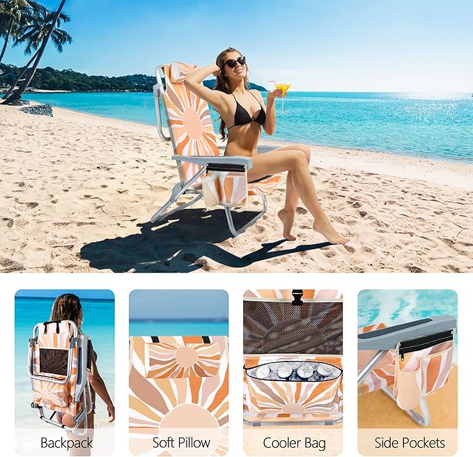 Beach Chair for Adults 5 Position Lay Flat Backpack Beach Chair with Cooler Cup Holder and Storage Bag Portable Folding Heavy Duty Beach Lounger for Outdoor Lawn Camping Festivals-Boho Sun
