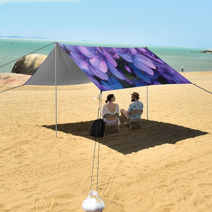 Purple Flowers Beach Tent Sun Shelter 9.2' x 10.5' Beach Canopy with 4 Sandbags 4 Stability Poles Sand Shovels - Tent Canopy for Beach Camping Fishing Picnics