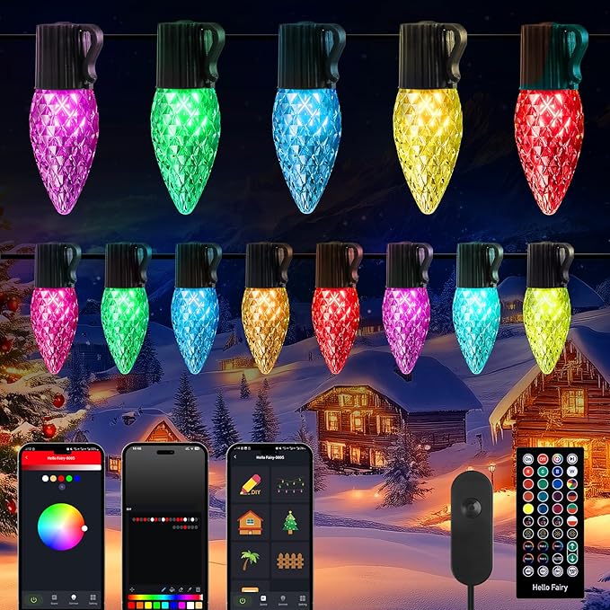 Brightown C9 LED Christmas Lights Outdoor 150LED RGB Smart Christmas Tree Lights Music Sync DIY APP Controlled Waterproof Connectable C9 String Lights for House Indoor Patio Xmas Decoration