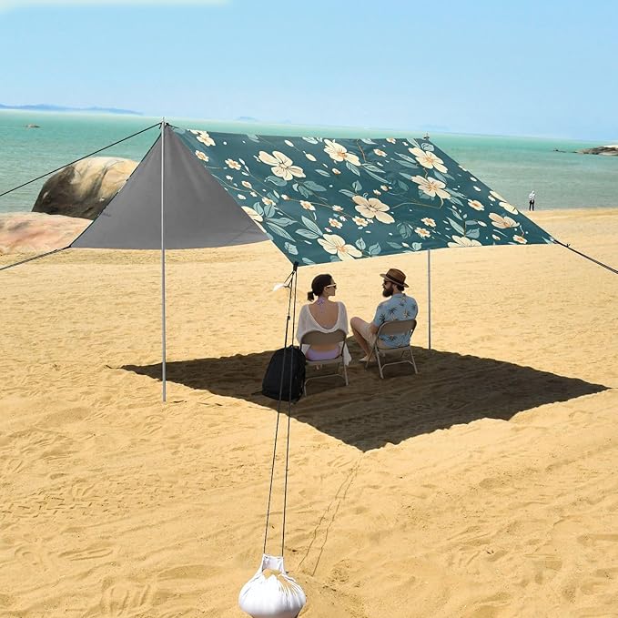 Teal Floral Pattern Beach Tent Sun Shelter 9.2' x 10.5' Beach Canopy with 4 Sandbags 4 Stability Poles Sand Shovels - Tent Canopy for Beach Camping Fishing Picnics