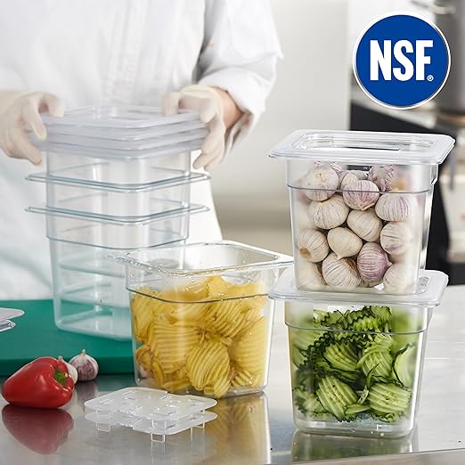 CURTA 6-Pack 1/6 Size 6 Deep NSF Polycarbonate Food Pans with Handled Lids &amp Drain Trays | Dishwasher &amp Freezer Safe Clear Container for Prep Tables Buffet Salad Bar Commercial &amp Home