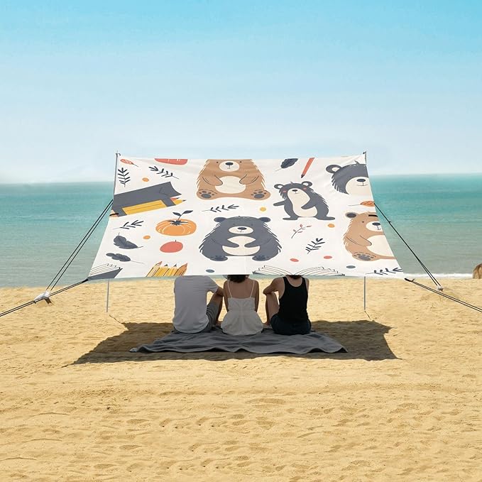 Bears and School Items Camping Sun Shelter Beach Tent Portable Beach Sun Shade Outdoor Canopy for Camping Trips Fishing Picnic