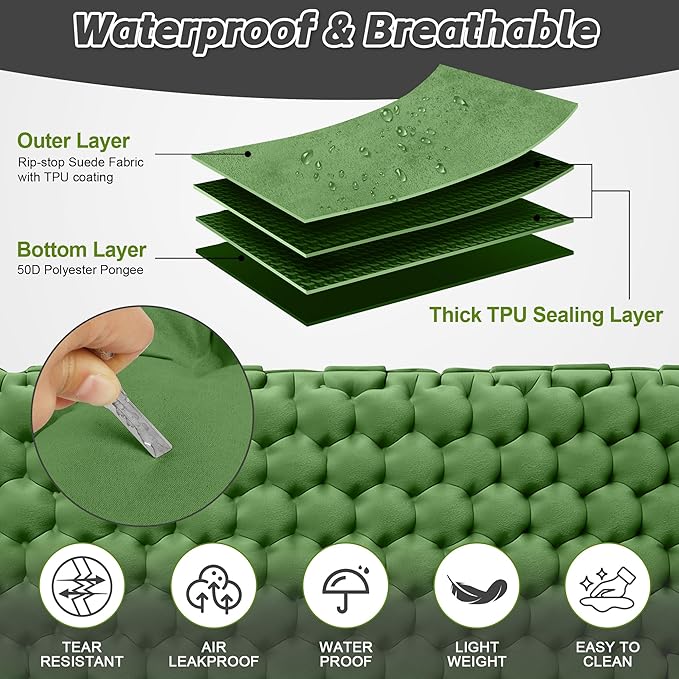 HiiPeak Double Sleeping Pad for Camping - Ultralight Camping Mattress with Pillow Built-in Foot Pump Compact Inflatable 2-Person Portable Mat for Backpacking Hiking Car Traveling Beach Tent