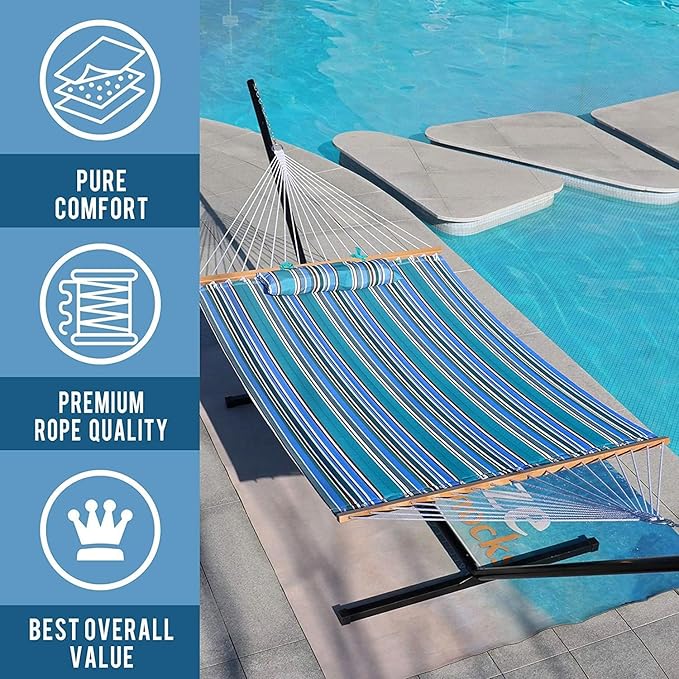 Lazy Daze Hammocks 12 FT Quilted Fabric Double Hammock with Spreader Bars and Detachable Pillow 450lbs Weight Capacity