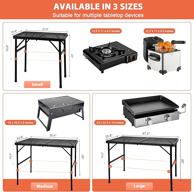 Camping Table with Mesh Desktop Lightweight &amp Portable Small Folding Grill Table Height Adjustable Metal Outdoor Table for Camp Cooking BBQ RV Picnic-2 FT Black