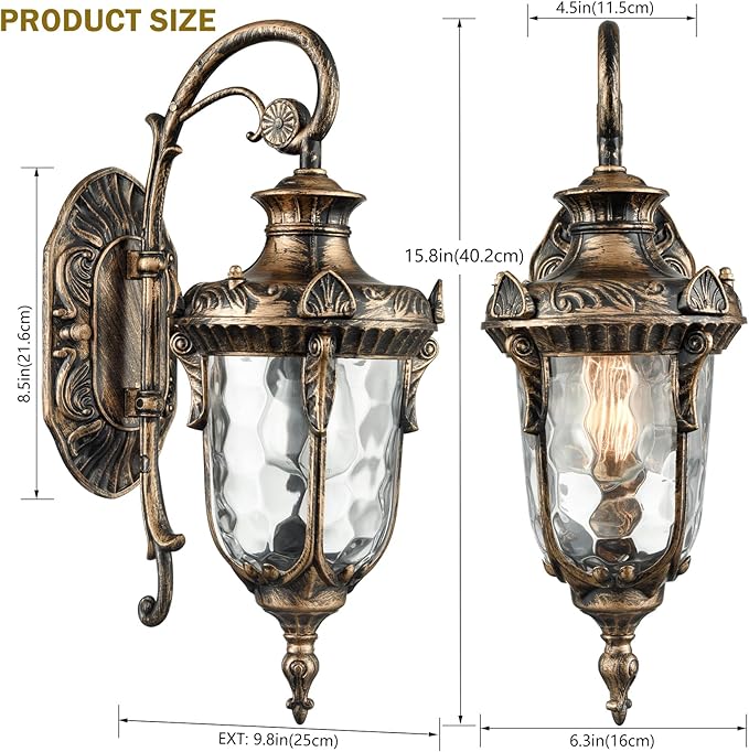 SAMTEEN Bronze Outdoor Light Fixtures Wall Mount 15.8 H Waterproof Exterior Wall Sconce with Hammered Glass Shade Outside Porch Light for House Garage Front Door
