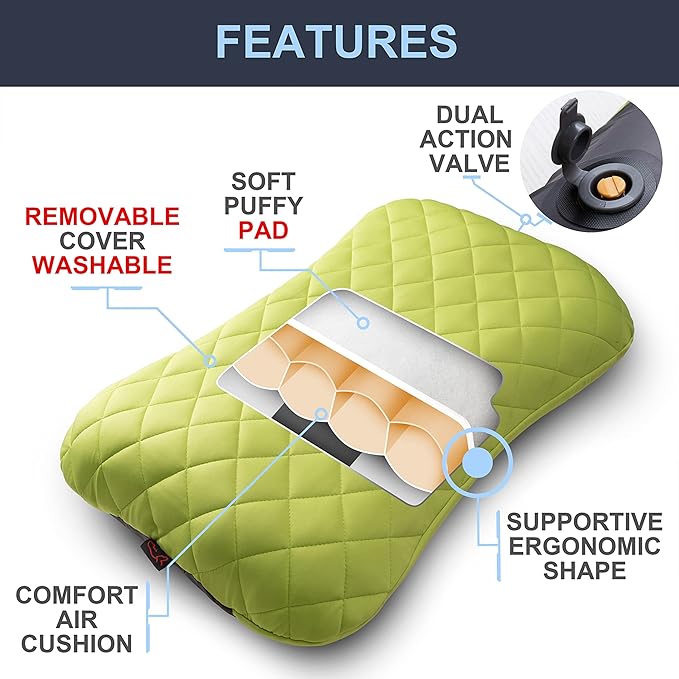 X-Foam Inflatable Camping Pillow ELuxe with Removable Foaming Cover | Comfortable Washable Ultralight Portable Neck Lumbar Support | Backpacking Hiking Travel Air | X-Large (Apple Green)