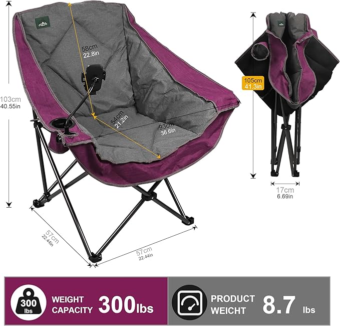 Northroad Oversized Foldable Camping Chair Outdoor Padded Lawn Chair w/Cup HolderCarry Bag for Beach Hiking and PicnicsHeavy-Duty 300-lbs Capacity Purple
