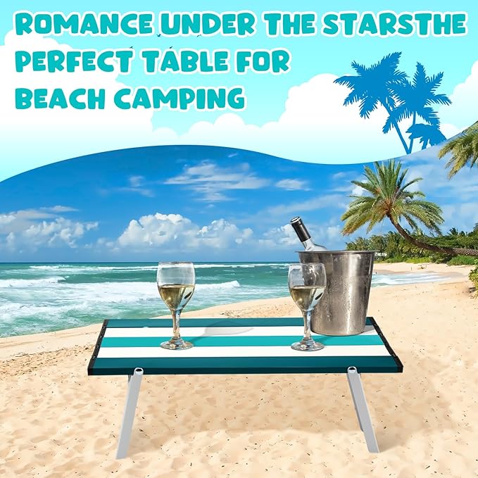 Beach Table Folding Camping Portable Table Striped White Aluminum Side with Carry Bag for Camping Picnics and Outdoor Activities(16x11x5 inCyan Green)