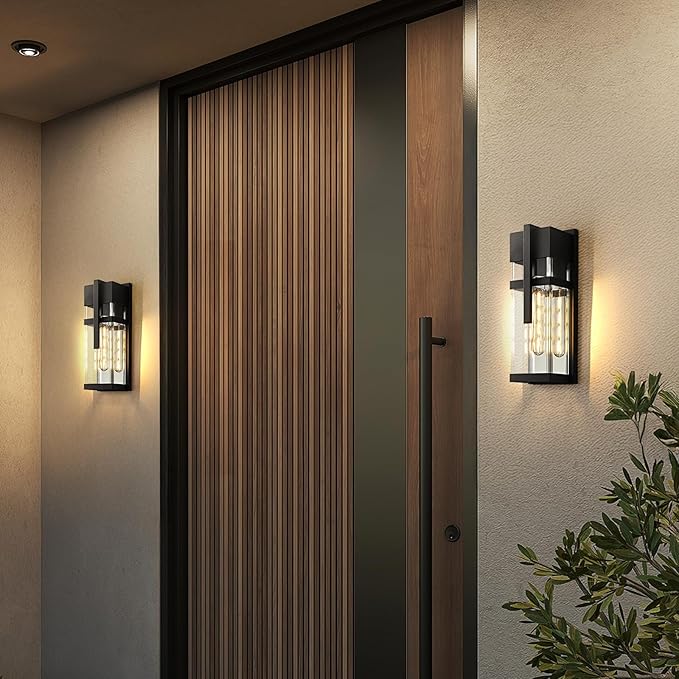 Dusk to Dawn Outdoor Wall Light Waterproof Exterior Lighting Fixtures Black Outdoor Sconces Lights with Tempered Glass 15''H Outside Lantern for Porch Patio Garage2-PackBulb Included