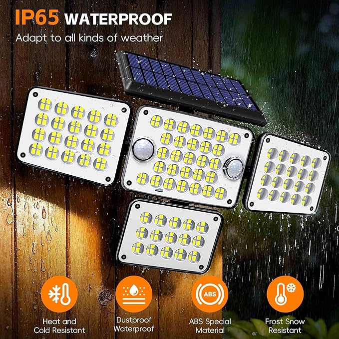 Solar Lights Outdoor 336 LED Motion Sensor Security Wall Light with Remote Split 4-Head Adjustable Design 2400mAh Battery Waterproof IP65 Garage Driveway Garden Courtyard Lighting（2Pack