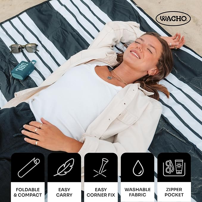 Wacho Waterproof Picnic Blanket – Large Sandproof Outdoor Mat with Carry Bag for Beach Camping Park &amp Travel – Foldable Lightweight Easy to Clean &amp Portable Ground Cover for Families–Black