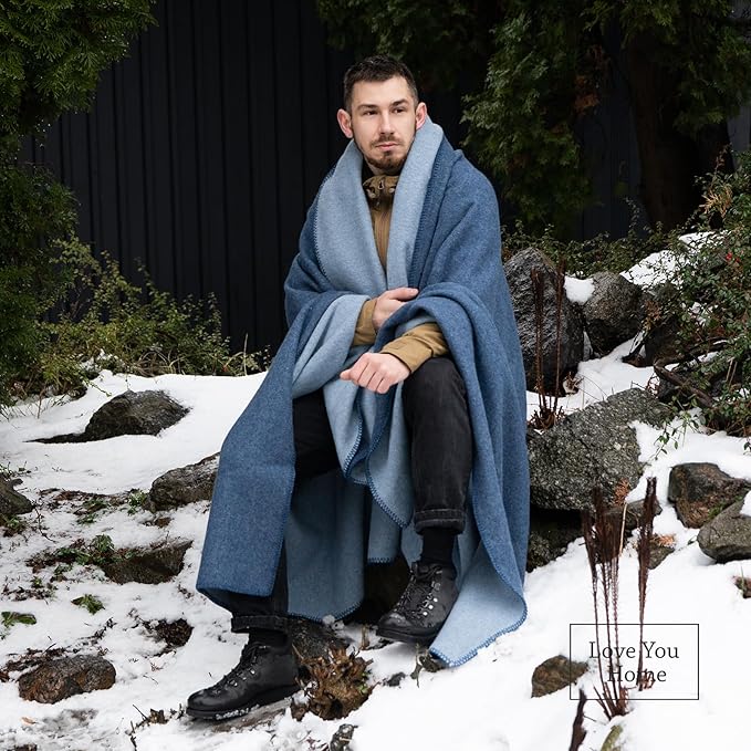 LYHome Merino Wool Blanket - Outdoor Camping and Hiking Throw Extra Warm Army Military &amp Hunting Blankets for Cold Weather Warmest Plaid Sheep Wool (51 x 67 in | Blue - Light Blue Double-Sided)