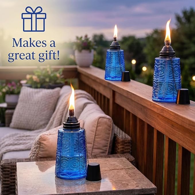 Seraphic Citronella Table Top Torches for Outdoor Patio 16oz Decorative Glass Torch Citronella Candles for Outside Deck Garden Parties Set of 3 Cobalt Blue