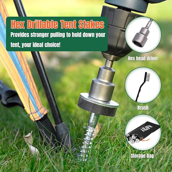 15 Pcs 12 Hex Drillable Tent Stakes Hex Heavy Duty Metal Ground Pegs Screw in Camping Spikes for Garden Canopies Grassland Canopies Awnings Camping Travel (Hex Tool and Storage Bag)