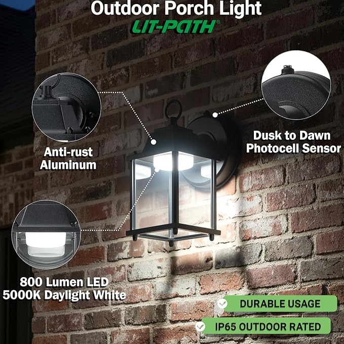 LIT-PaTH Dusk to Dawn Outdoor Wall Lantern LED Wall Sconce 5000K Daylight White 9.5W 800 Lumen Aluminum Housing Plus Glass Outdoor Rated 2-Pack Black
