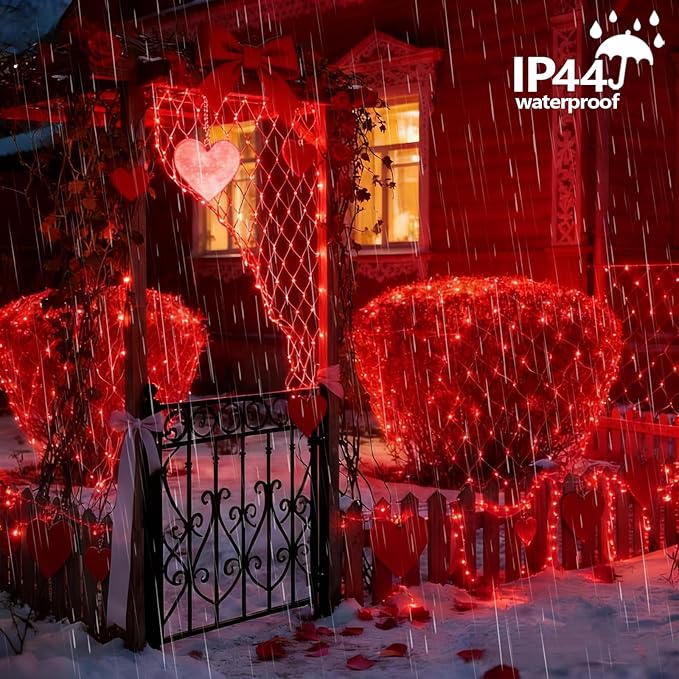 YEGUO Net Lights Outdoor Mesh Lights 12ft x 5ft 360 LED Red Valentine‘s Day Light Outdoor Waterproof 8 Modes Connectable Clear Wire Christmas Bush Light Plug in
