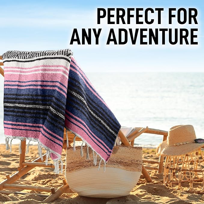 Hydration Nation Authentic Large Handwoven Mexican Blanket - Soft Yoga- Durable Serape- Lightweight Falsa Beach Camping Picnic Outdoor Blanket 70x50 - Rose Pastel