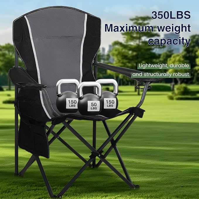 HIGH POINT SPORTS Oversized Camping Folding Chair Heavy Duty Outdoor Chair with Armrest Portable Lawn Chair with Cup Holder for Adults Support 350 LBS 2 Pack Gray-Black