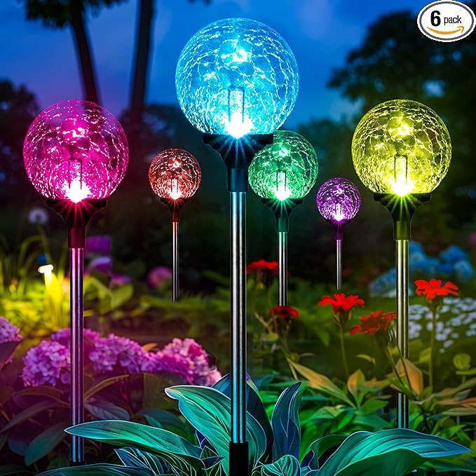 GIGALUMI Solar Garden Lights 6 Pack Outdoor Solar Lights for Yard Decorative Christmas Lights Outdoor Decorations Waterproof Multi-Colored Changing Garden Globes Cracked Glass Ball with LED Lights
