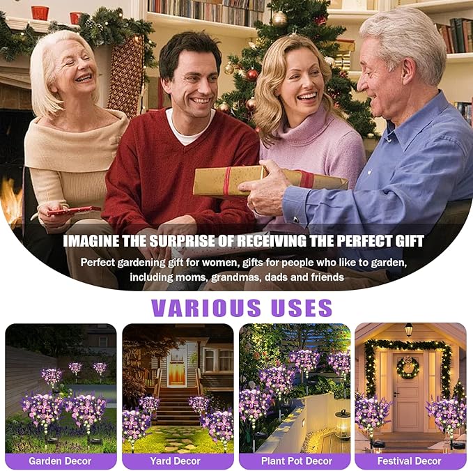 Solar Garden Lights Outdoor 4 Pack Purple Lavender Solar Butterfly Lights Gardening Gifts for Women Artificial Flower with Butterfly Purple Garden Decor for Lawn Patio-Warm White