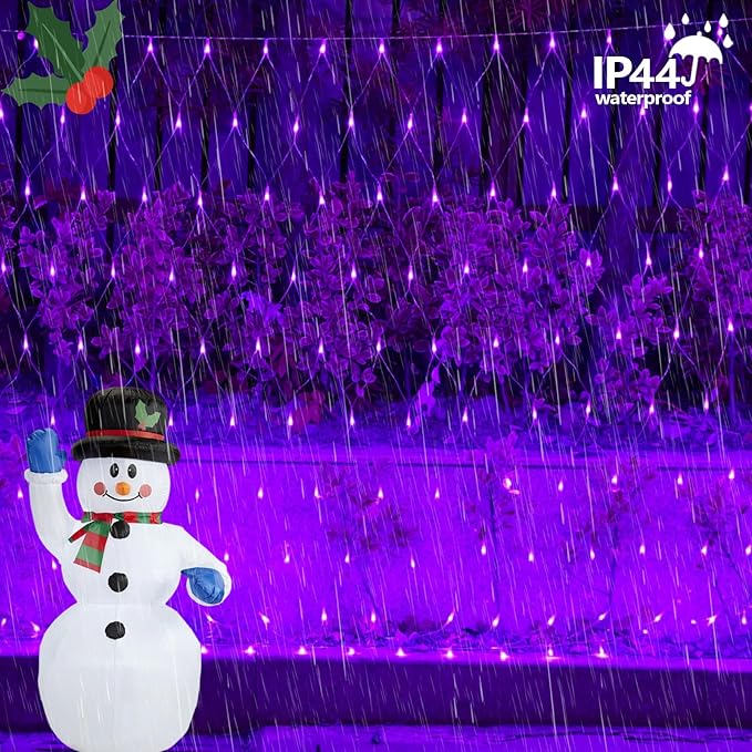 QITONG Purple Net Lights Outdoor Mesh Lights 360 LED 12ft x 5ft Christmas Net Light with 8 Modes Clear Wire Bush Light Plug in